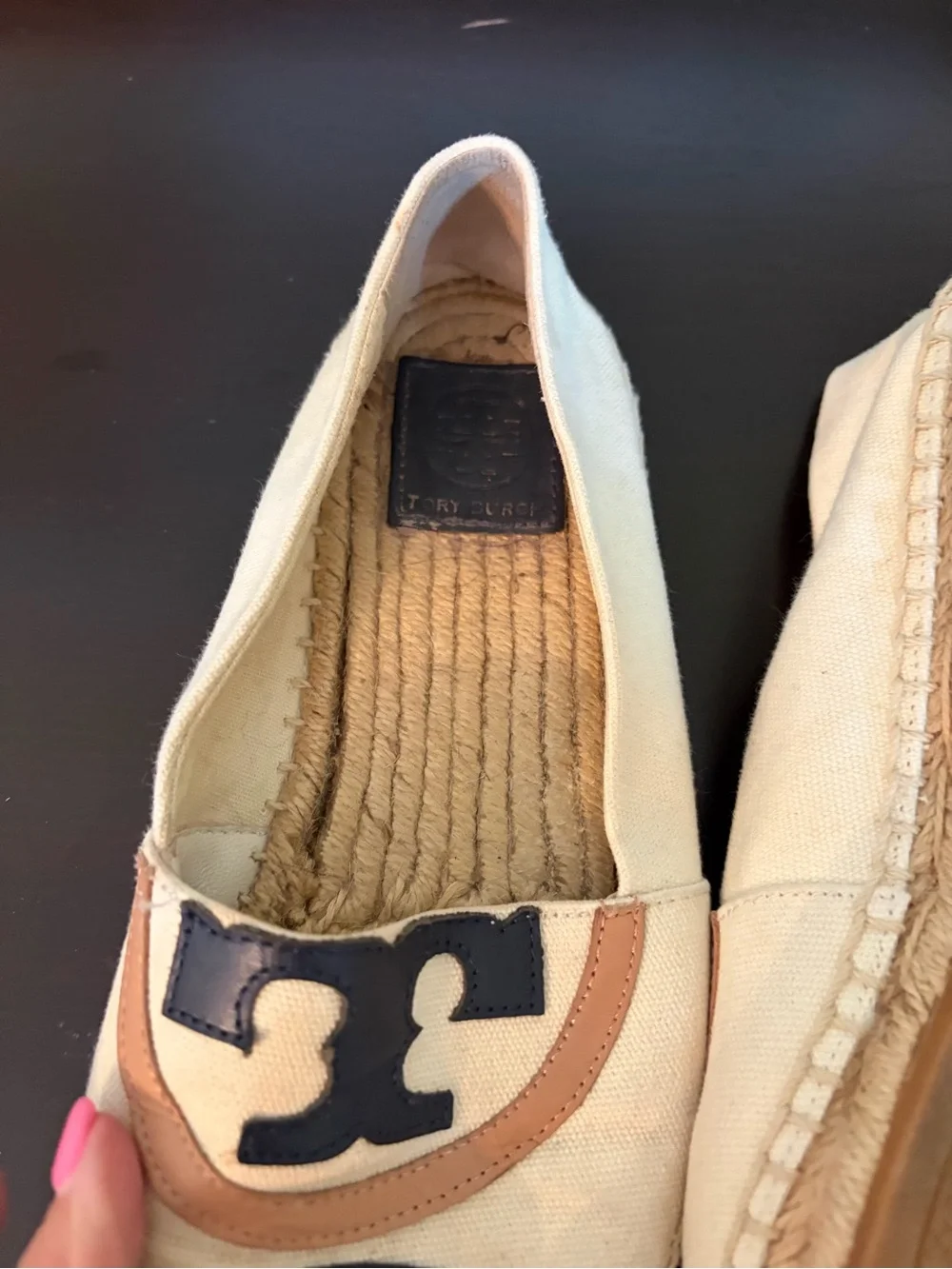 Tory Burch Cream Canvas Espadrilles with Navy & Tan Leather Trim